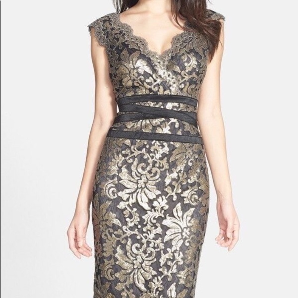 Tadashi Shoji Embellished Metallic Lace Dress